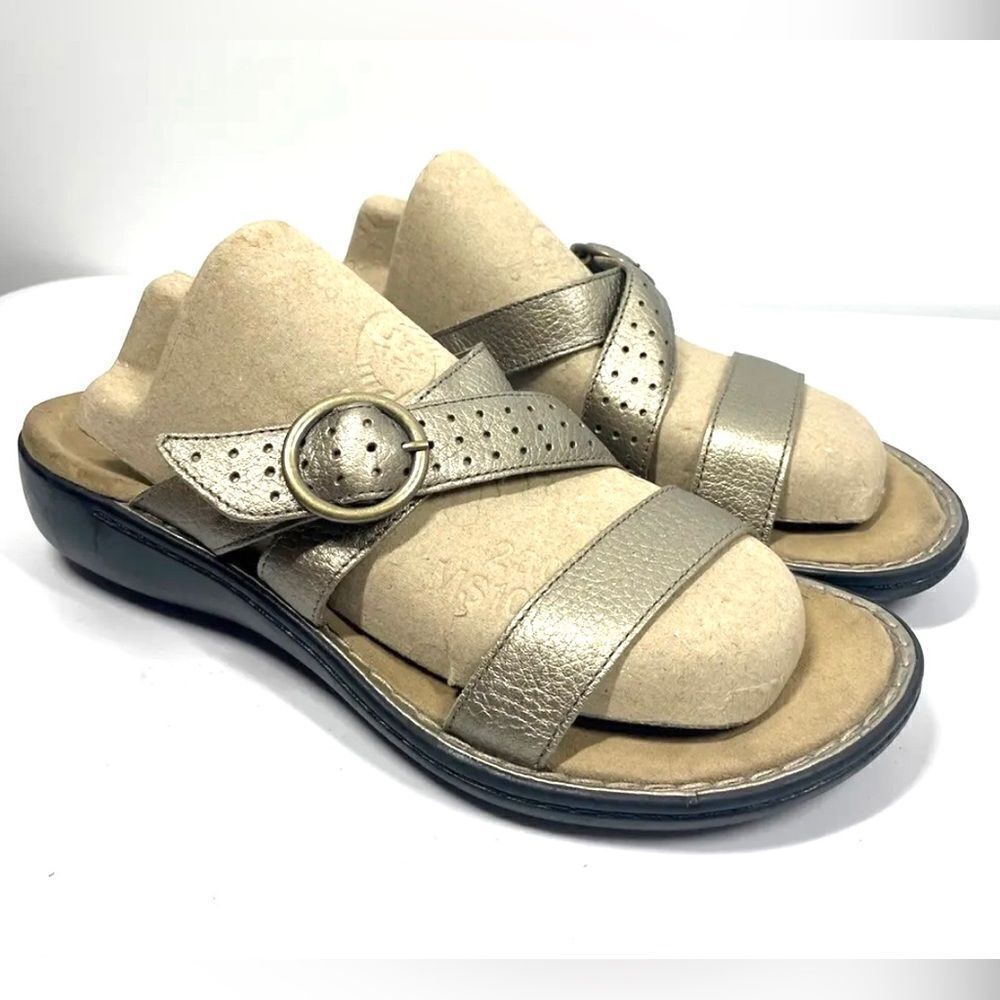 Clarks Bendables Leather Sandals Metallic Gold Open Toe Slide Slip On Size 10